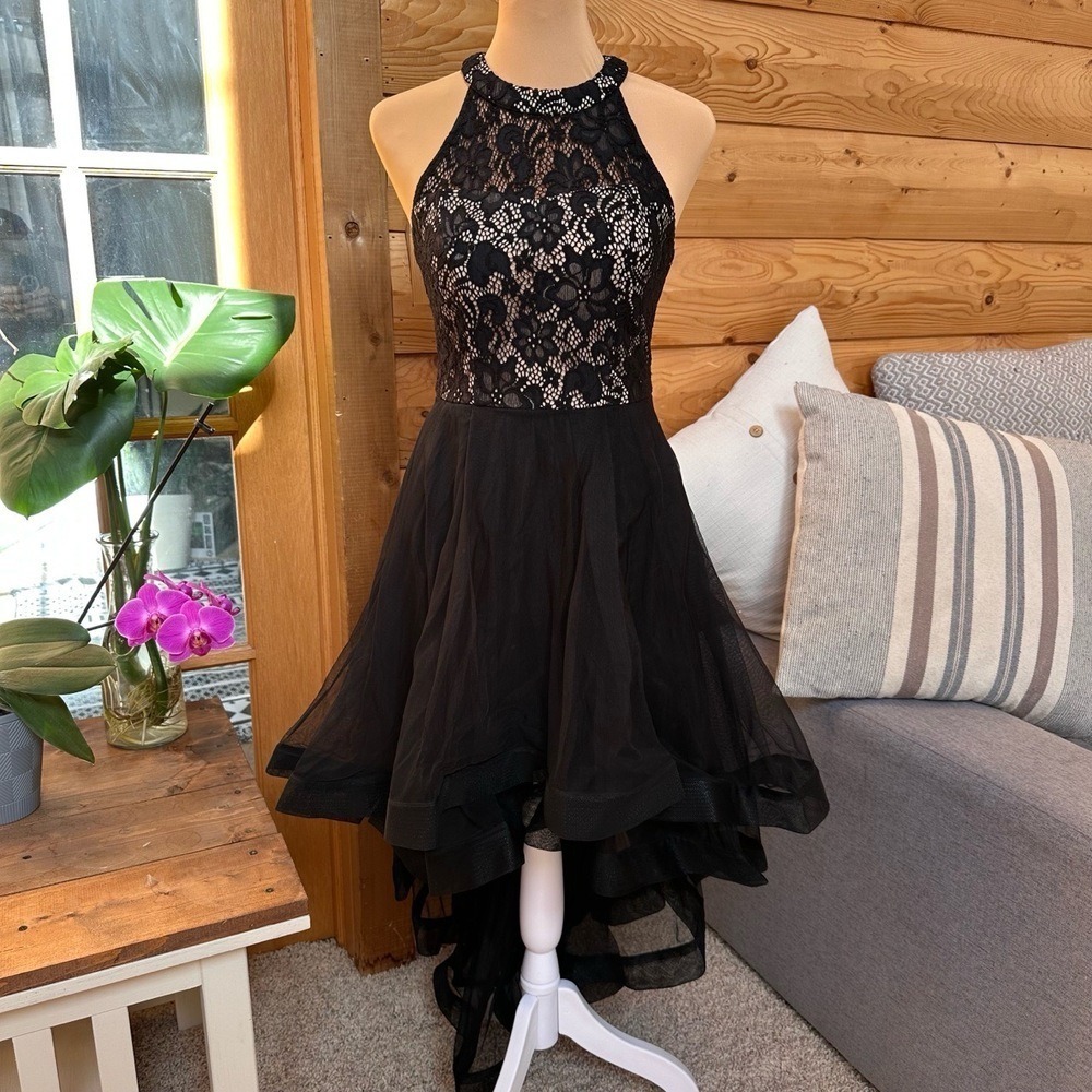 SPEECHLESS Black Whimsygoth Lace Bodice Sheer High Low Asymmetrical Dress Sz S